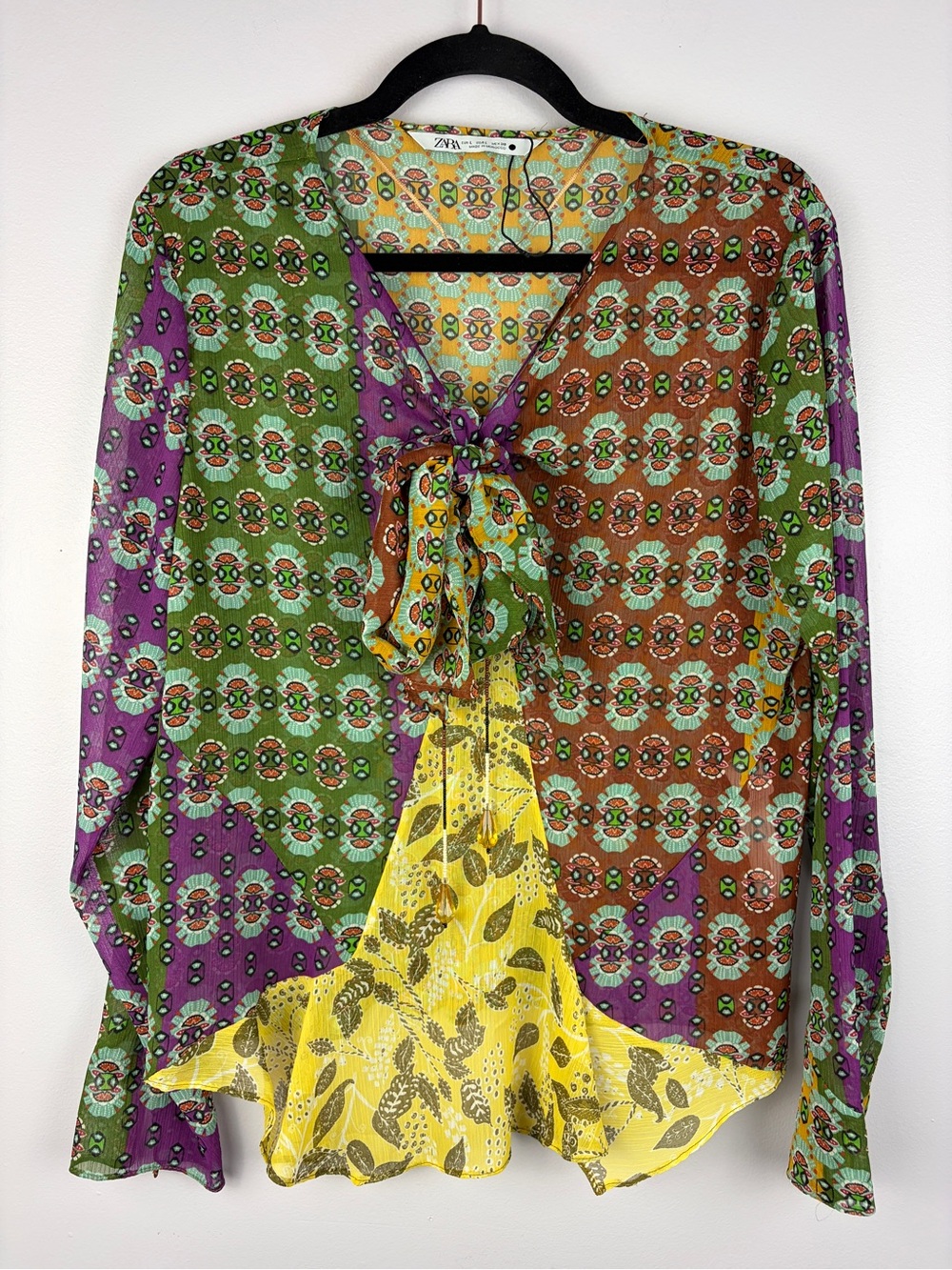 Zara Patchwork Boho Print Tie Front Ruffle Blouse Multicolor Large - Picture 3 of 15